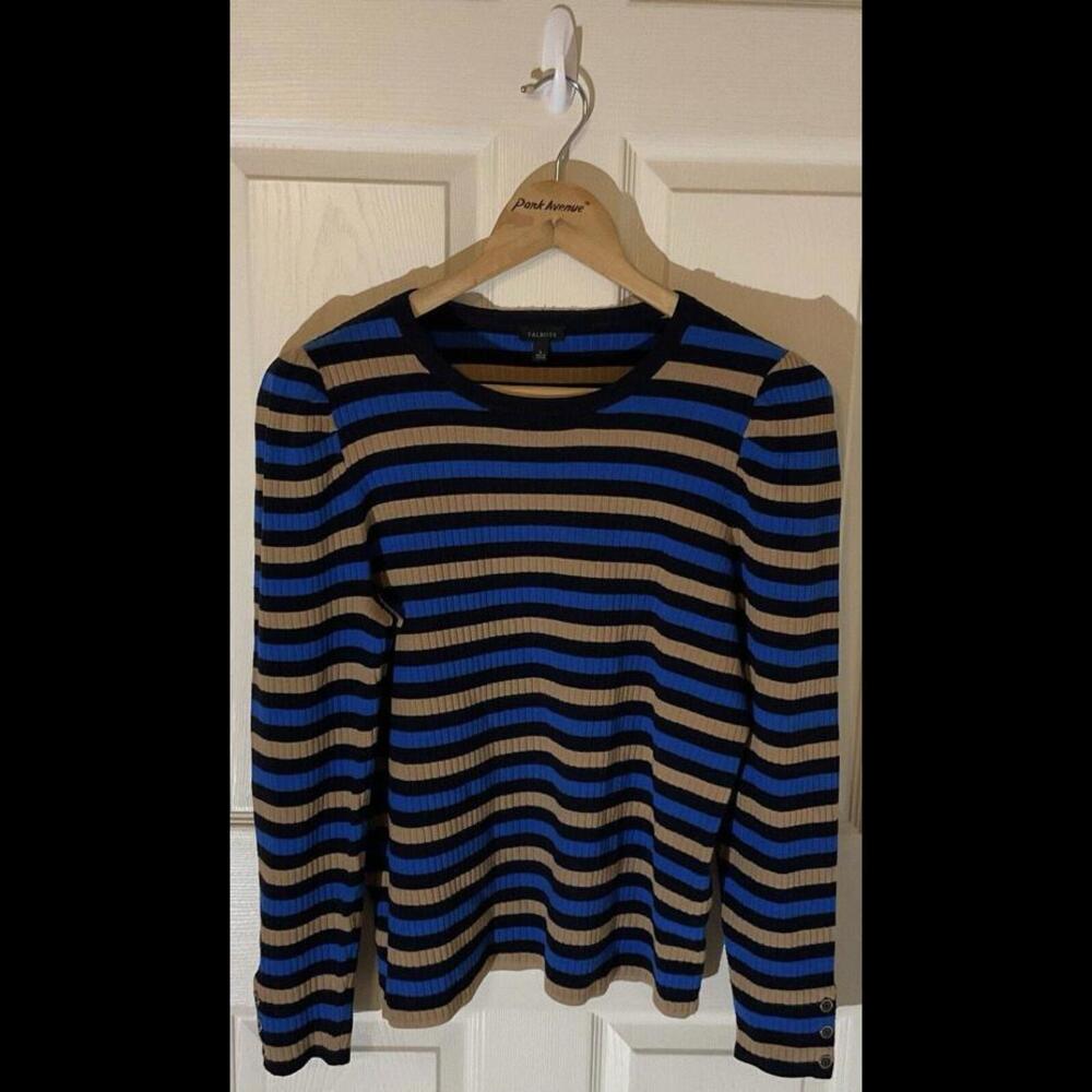 TALBOTS Women’s Large Striped Sweater Navy Blue Tan